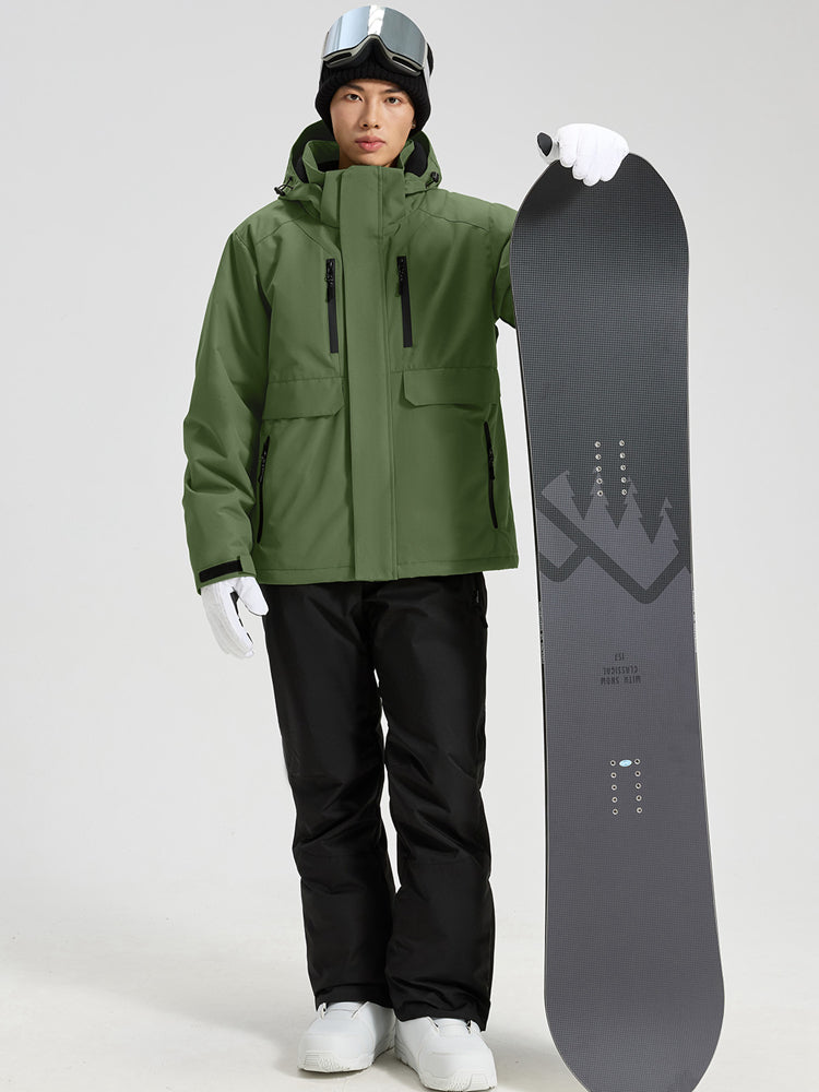 Men's Hooded Cargo Snow Jacket and Bib-Style Pants