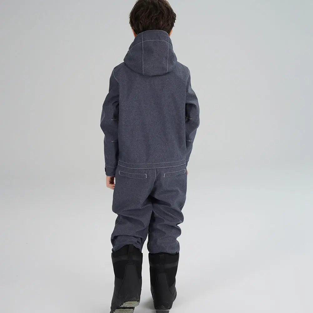 Kids' Demin One Piece Ski Jumpsuits Waterproof Hooded Snowsuits