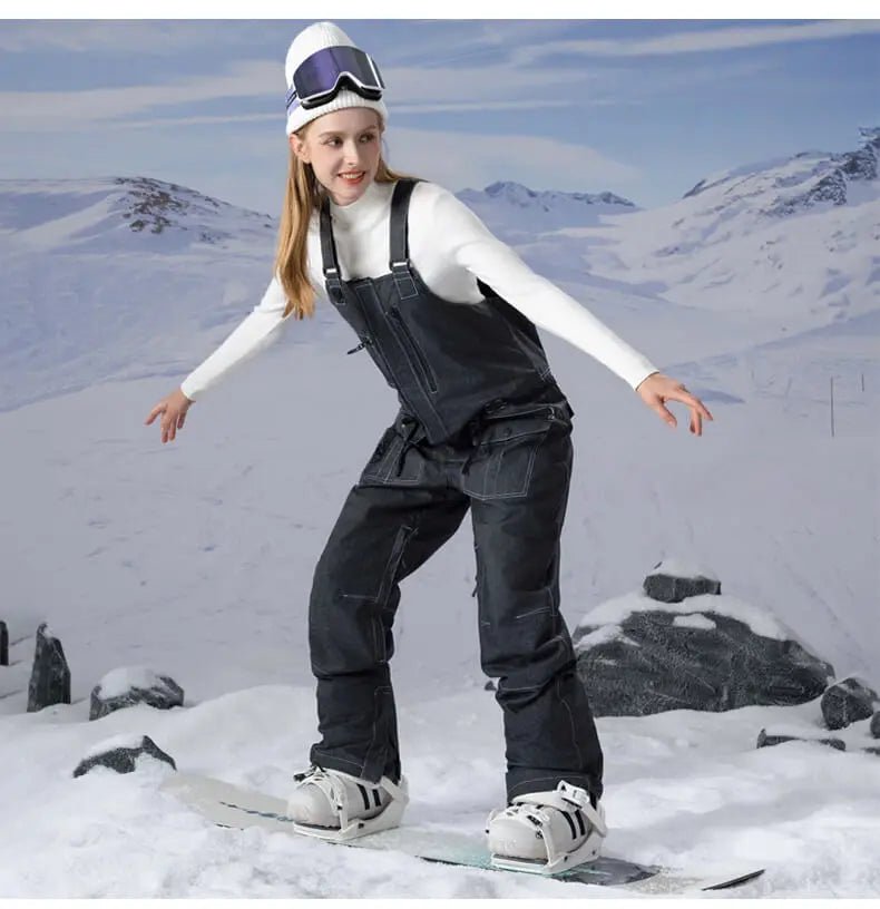 Fashion Denim Snow Bibs Pants Women Outdoor Snowsports Pants