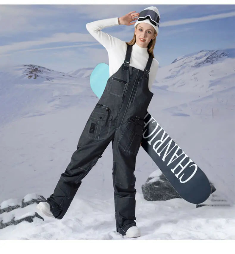 Fashion Denim Snow Bibs Pants Women Outdoor Snowsports Pants