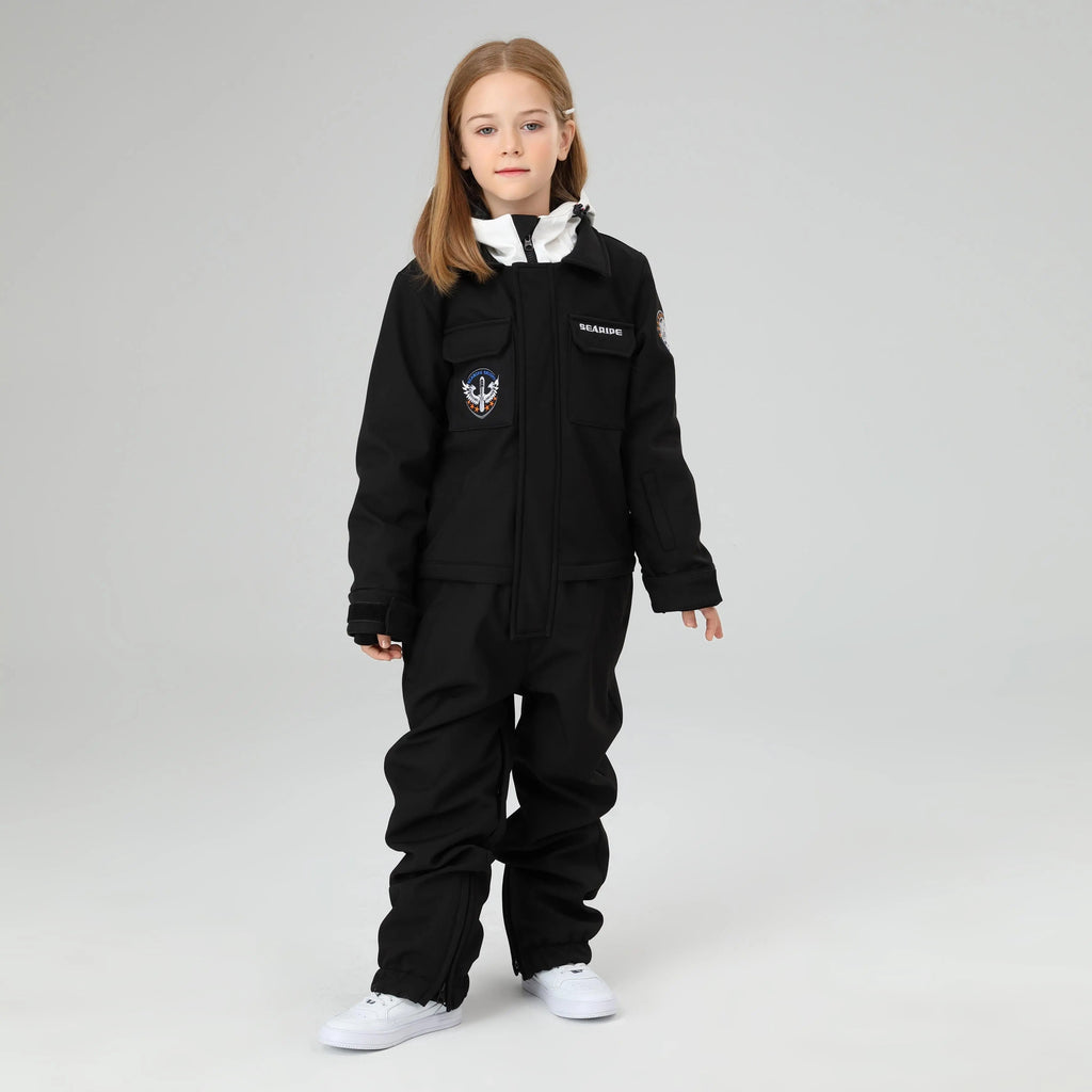 HOTIAN Girls Contrast Hooded Cargo One Piece Ski Jumpsuit With Side Zip