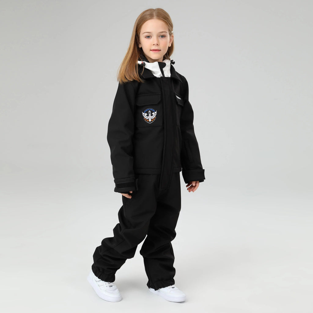 HOTIAN Girls Contrast Hooded Cargo One Piece Ski Jumpsuit With Side Zip