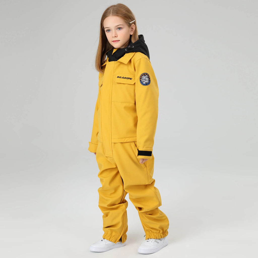 HOTIAN Girls Contrast Hooded Cargo One Piece Ski Jumpsuit With Side Zip