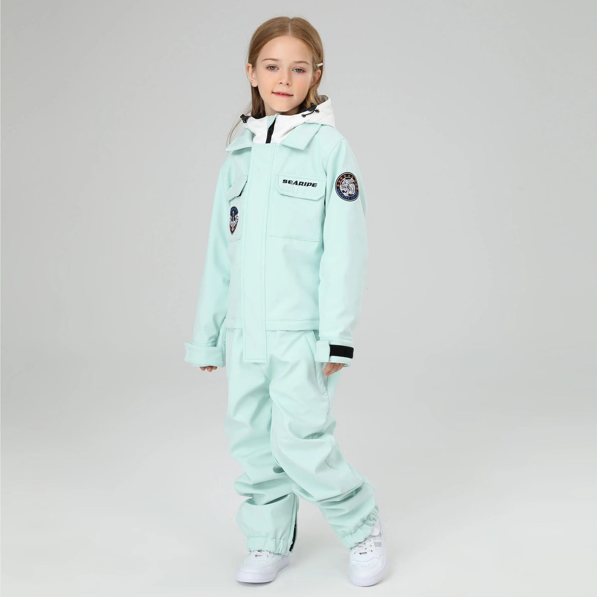 HOTIAN Girls Contrast Hooded Cargo One Piece Ski Jumpsuit With Side Zip