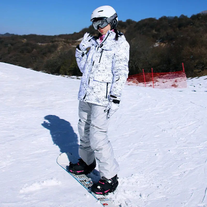 Unisex Marble Pattern Hooded Snowboard Ski Jacket and Pants Set