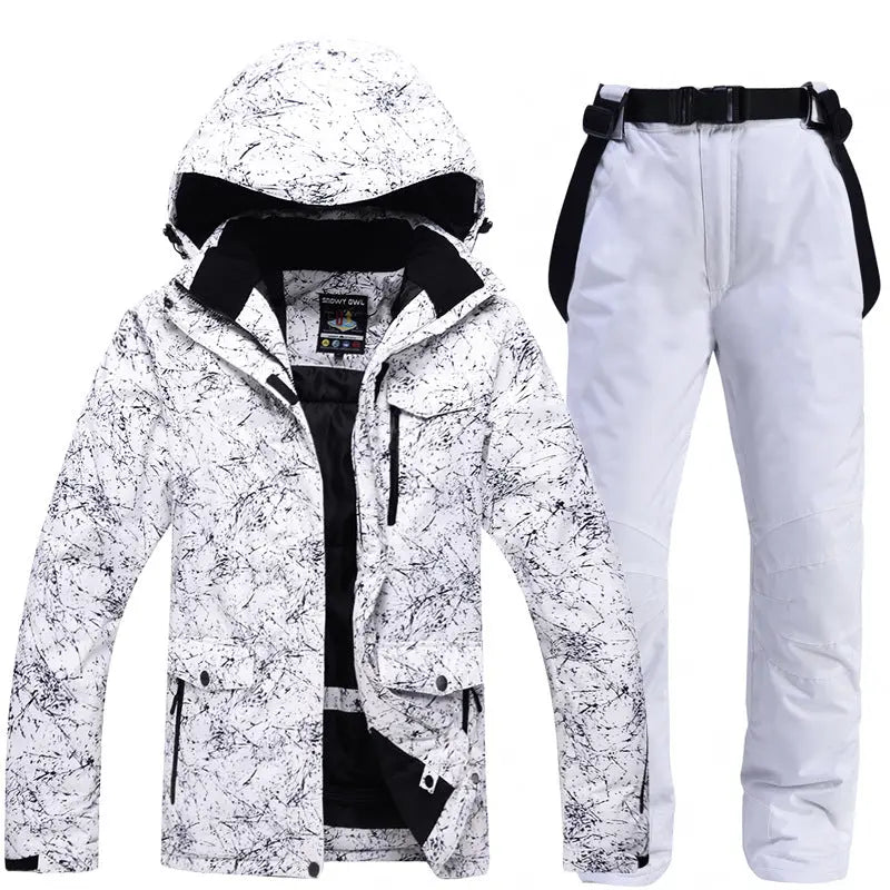 Unisex Marble Pattern Hooded Snowboard Ski Jacket and Pants Set
