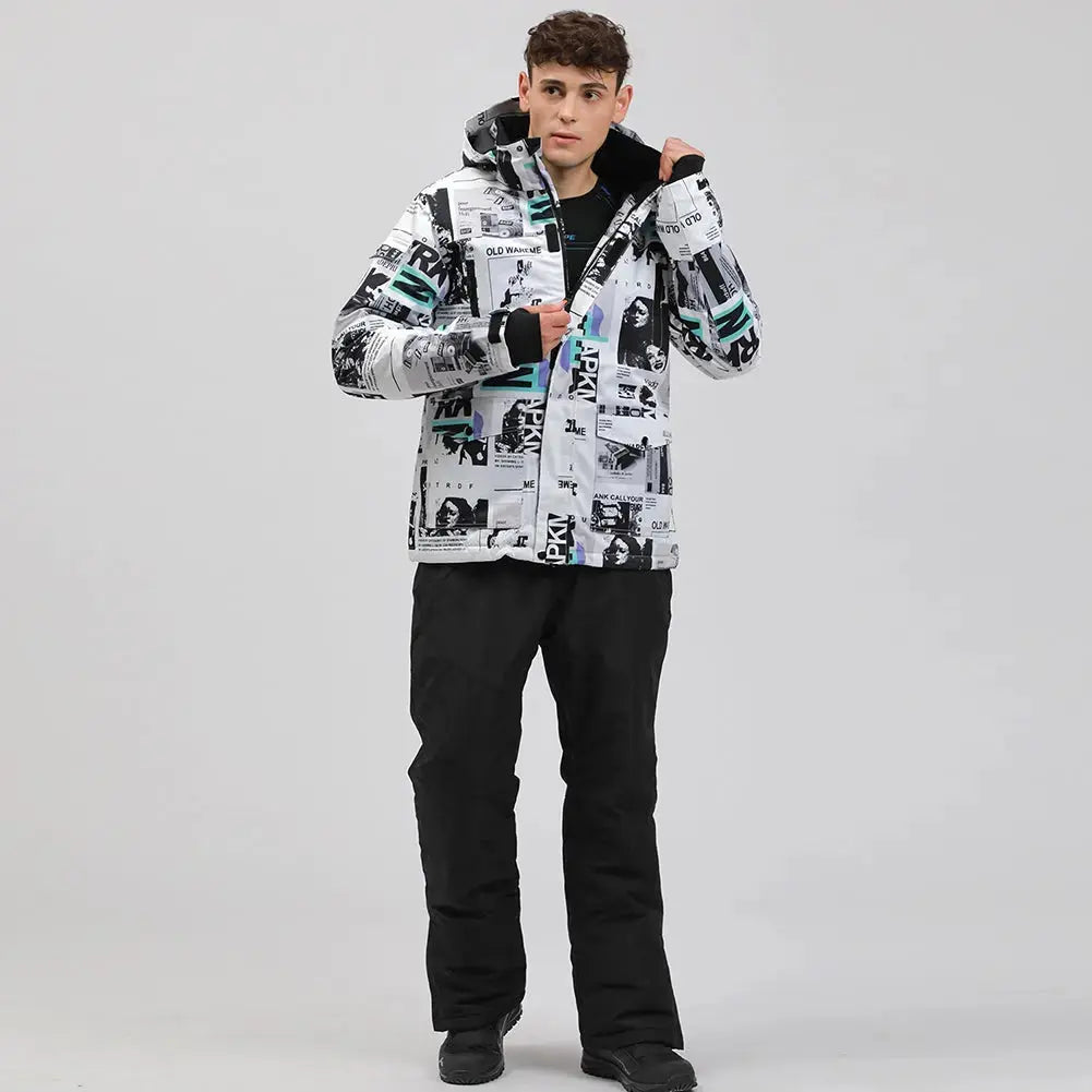 Mens Waterproof Printed Ski Suits 2 Pieces Snowsuits Set