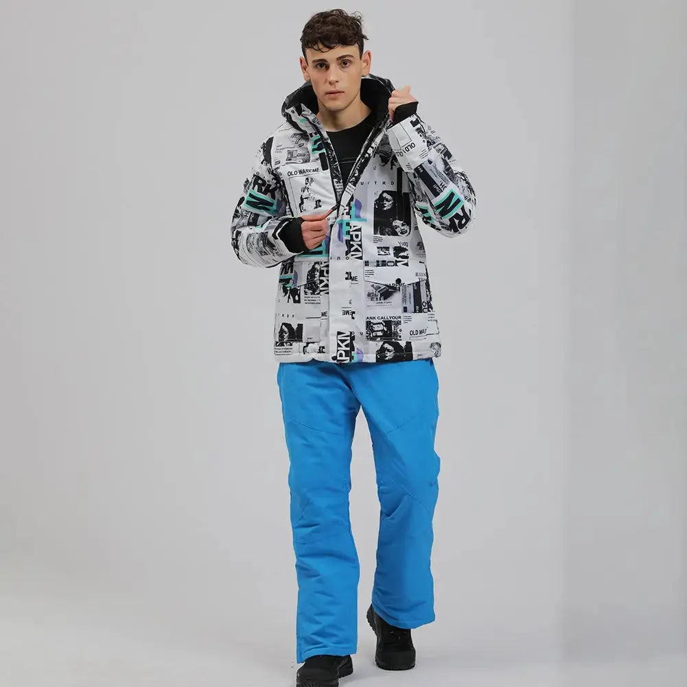 Mens Waterproof Printed Ski Suits 2 Pieces Snowsuits Set