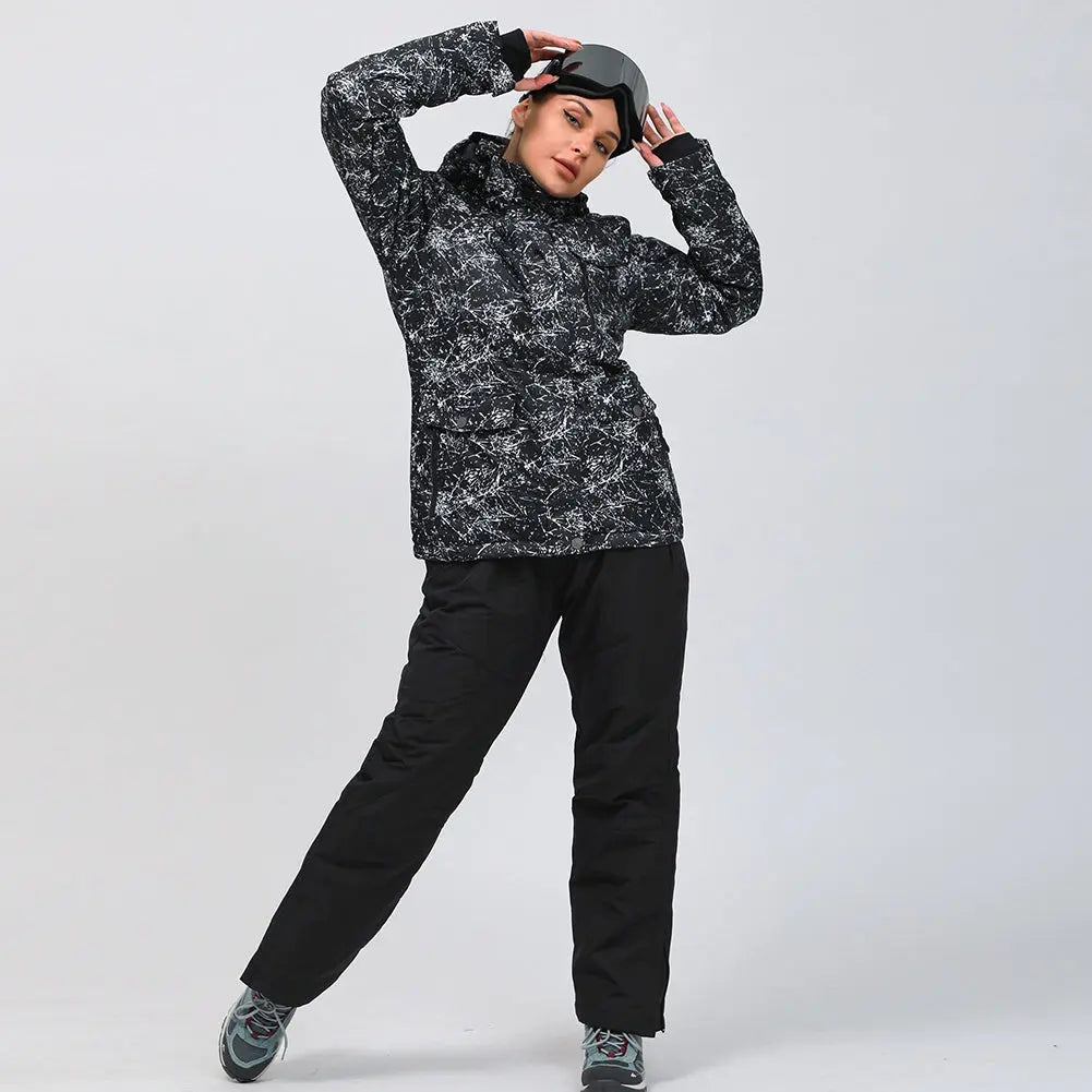 Unisex Snowboard Ski Jacket and Pants Set Marble Pattern