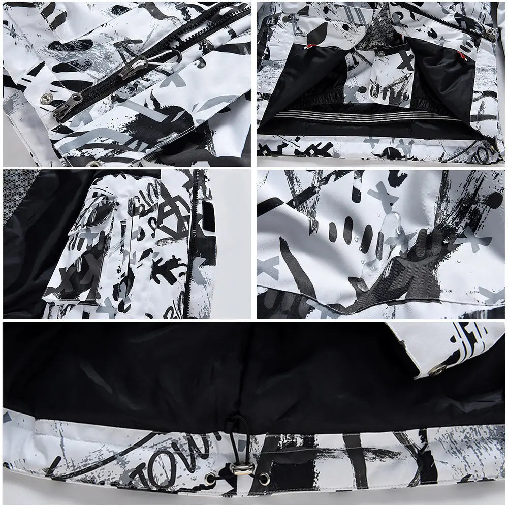Matching Couple Graffiti Print Hooded Ski Cargo Jacket