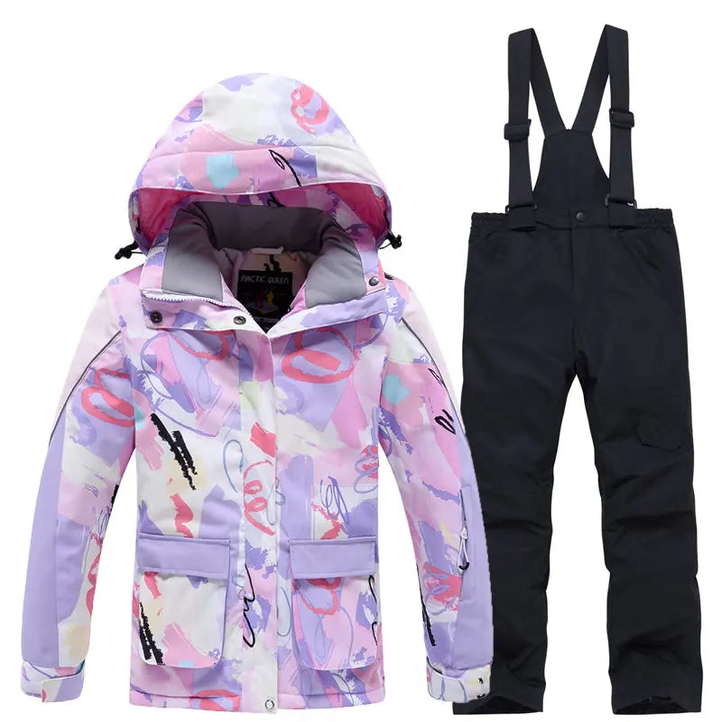 Kids Cartoon Printed Snow Jackets & Bibs Pants Waterproof