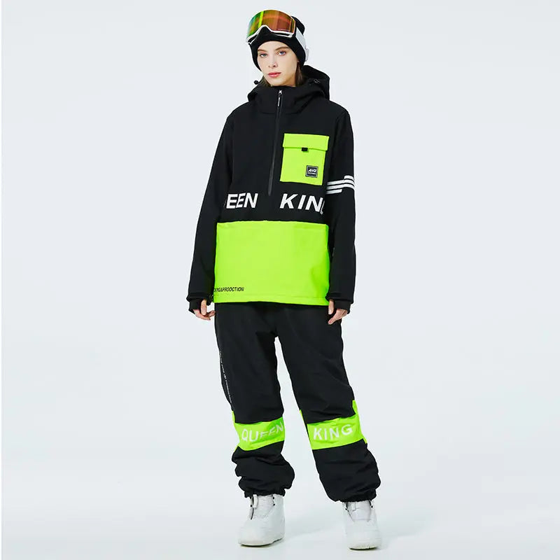 Matched Couple Half-zip Hooded Ski Jacket & Baggy Pants Set 