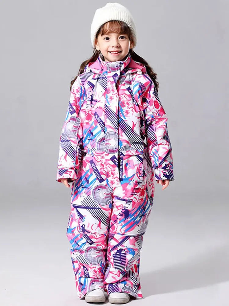 Kids' Geometric Print One-Piece Snowsuit Girls' Ski Jumpsuit