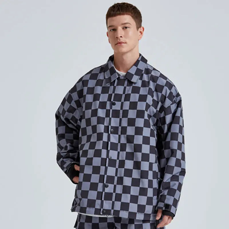 Stylish Checkerboard Ski Shirts Insulated Button-up Snow Coat