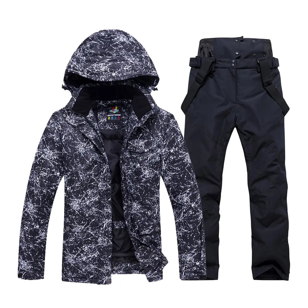 Unisex Marble Pattern Hooded Snowboard Ski Jacket and Pants Set