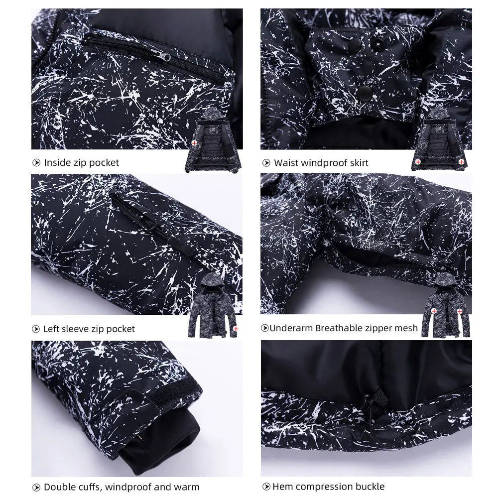Unisex Marble Pattern Hooded Snowboard Ski Jacket and Pants Set