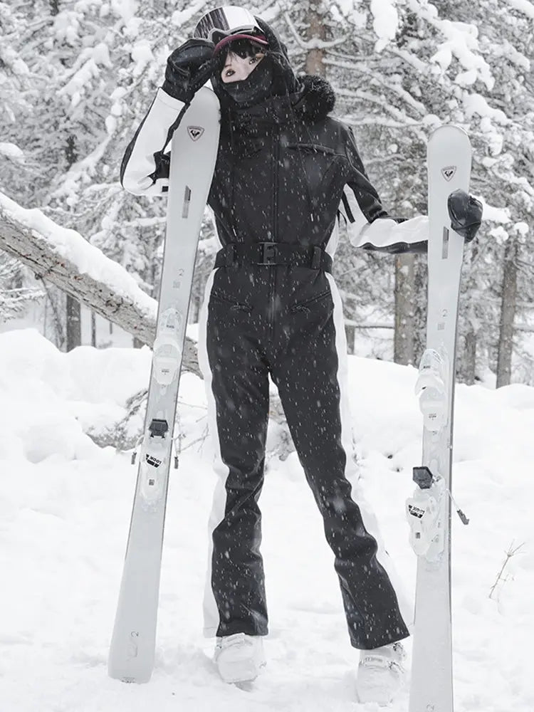 Women Belt One-piece Snow Jumpsuits Fur Collar Snowsuits