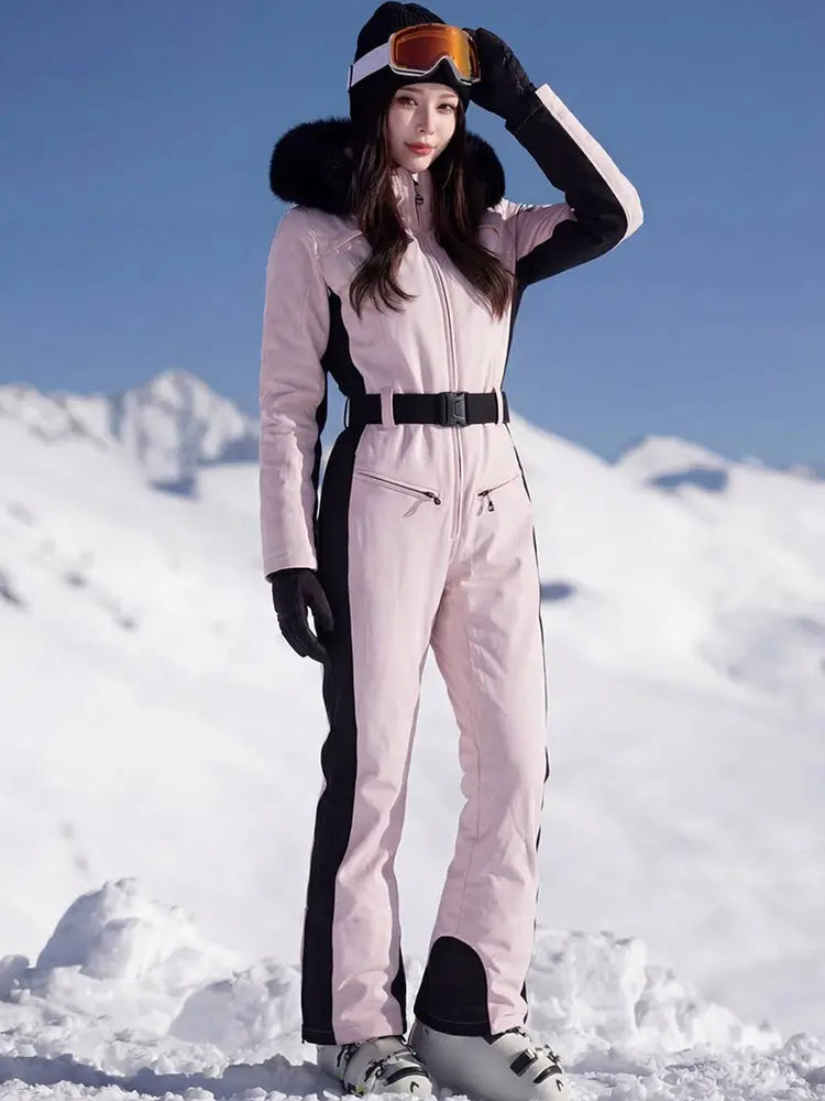 Women Belt One-piece Snow Jumpsuits Fur Collar Snowsuits
