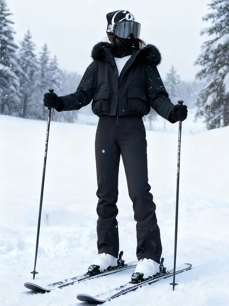 Women Fur Collar Snow Jacket &  Slim Fit Snow Bib Overalls