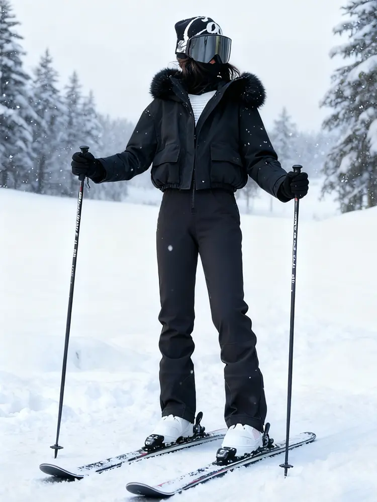 Women Fur Collar Snow Jacket &  Slim Fit Snow Bib Overalls