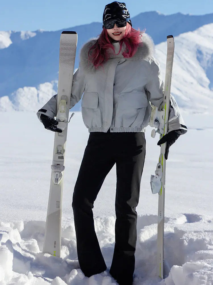 Women Fur Collar Snow Jacket &  Slim Fit Snow Bib Overalls