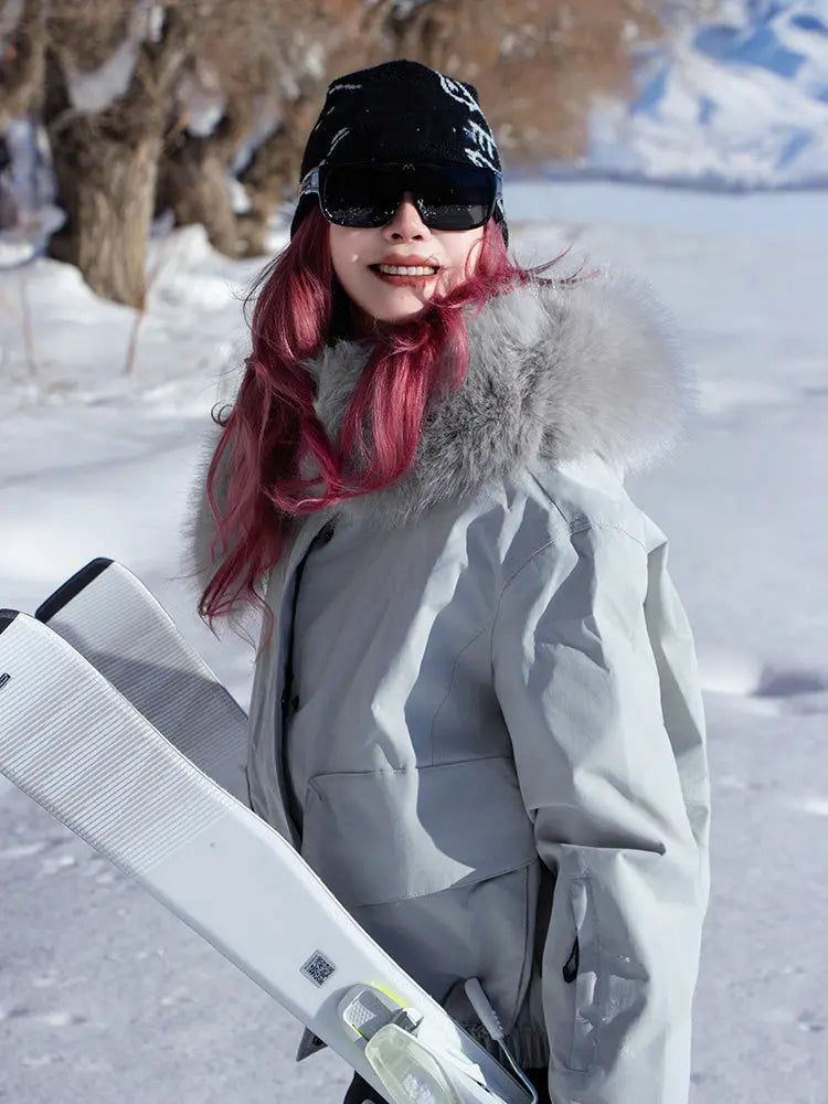 Women Fur Collar Snow Jacket &  Slim Fit Snow Bib Overalls