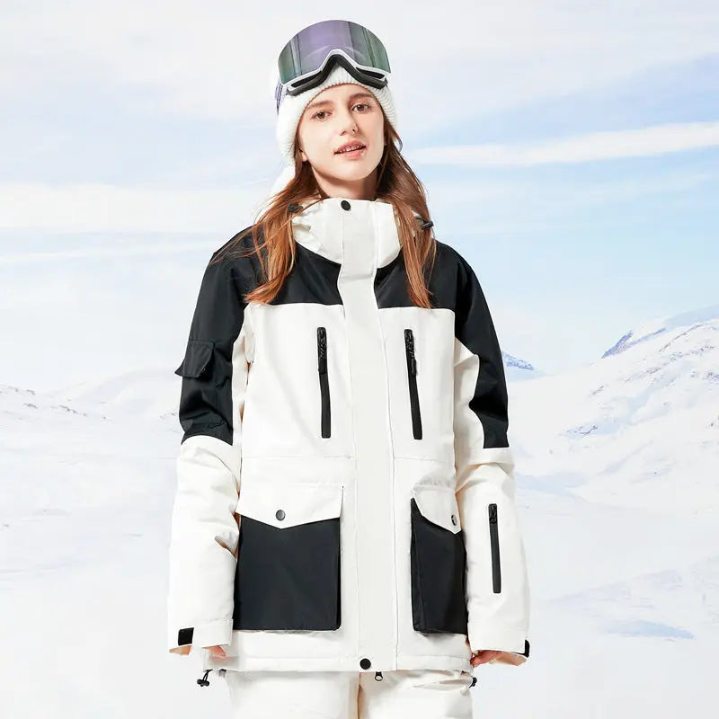 Women Hooded Snowboard Jacket Cargo Pockets Ski Coat