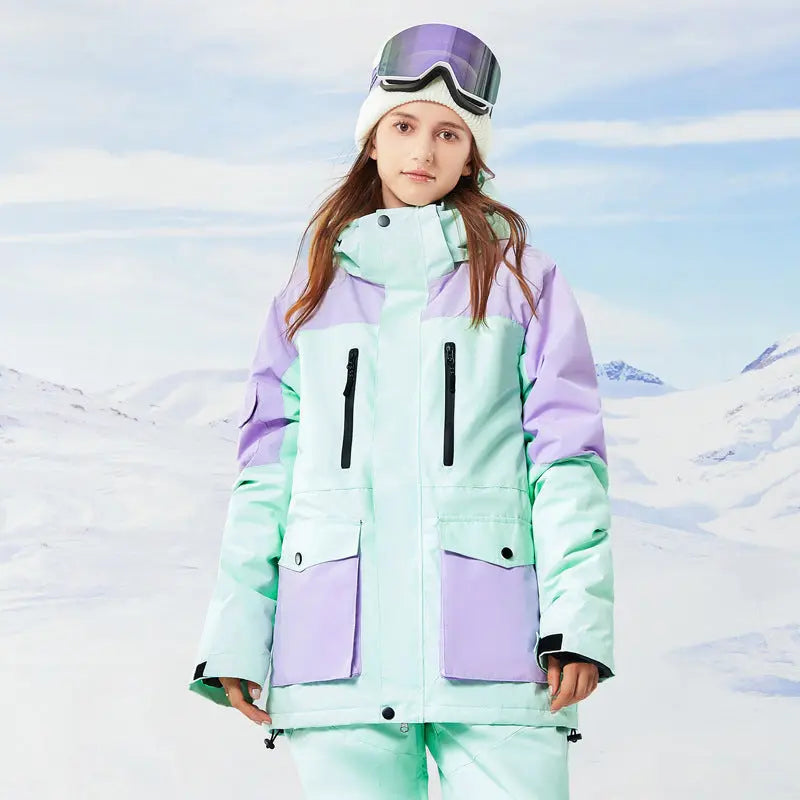 Women Hooded Snowboard Jacket Cargo Pockets Ski Coat
