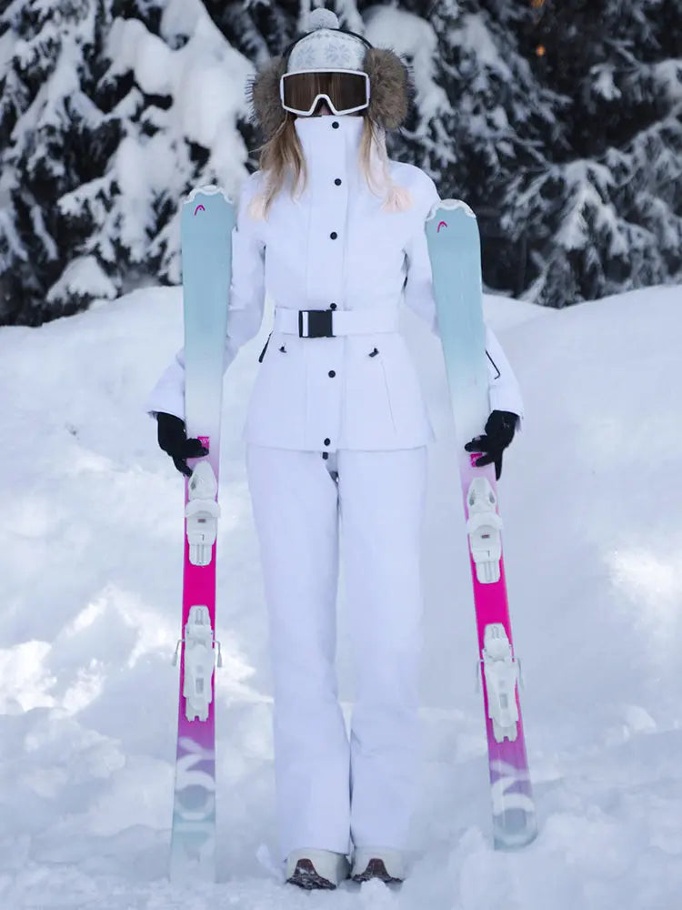 Women Quilted Skisuits Belted Snow Jacket & Slim Fit Trousers
