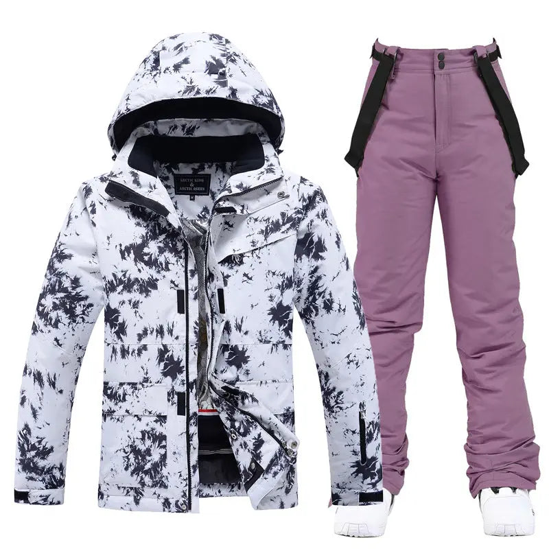 Women Ski Snow Suits Printed Insulated jacket & Bibs Pants Set 