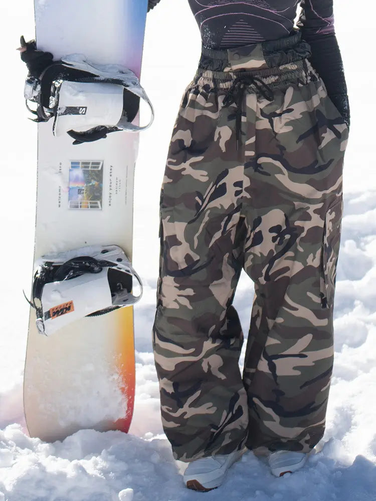 Women's Camo Snownoard Pants Baggy Drawstring Ski Trousers