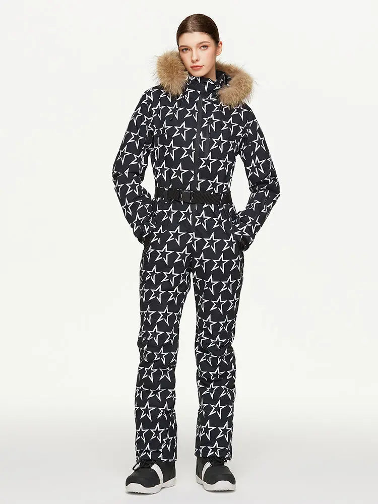 Women's Chic Full Body Onesie Ski Jumpsuit Houndstooth Printed Skisuits