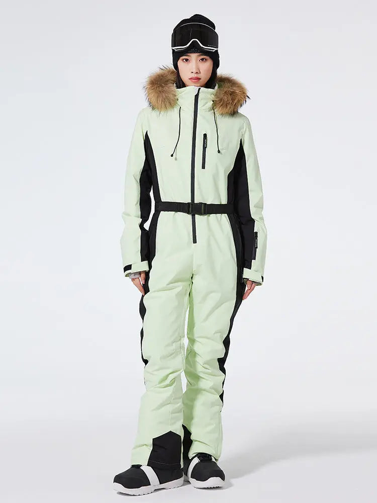 Women's One Piece Ski Suits Fur Collar Outdoor Jumpsuits