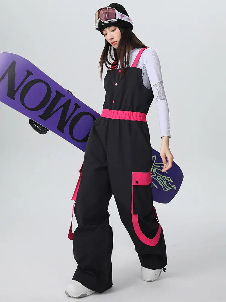 Women's High Waist Snow Bib Overalls Baggy Ski Pants